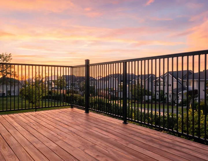 Fortress deck railing on elevated residential deck at dusk