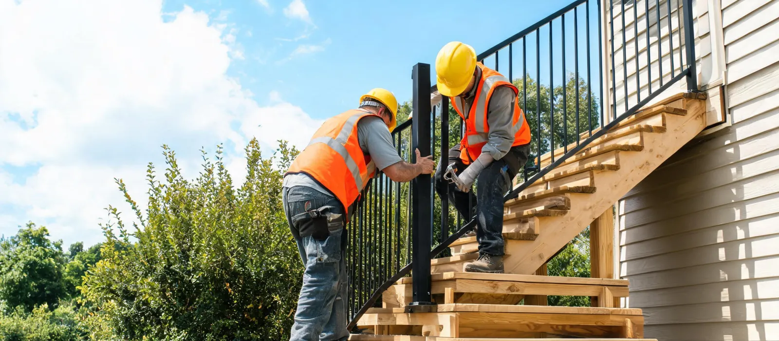 Installers setting Fortress stair railing posts