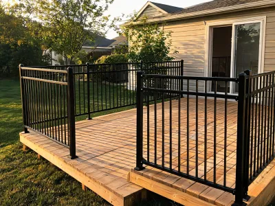 Residential deck with black picket railing